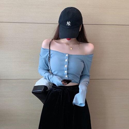 Women Sexy Solid Color T-Shirt, Summer Long Sleeve Off Shoulder Slash Neck Button Top y2k grunge shirt cute shirts women tops