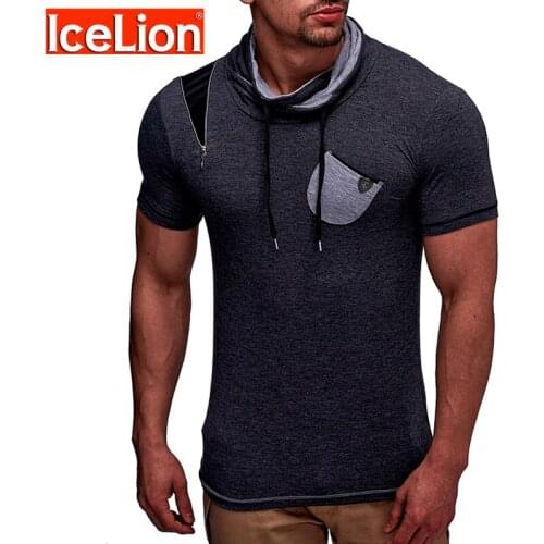 IceLion 2021 Summer Standing Collar T Shirt Men Short Sleeve Fitness T-shirt Pocket Patchwork Solid Slim Thin Fit Mens Tshirt