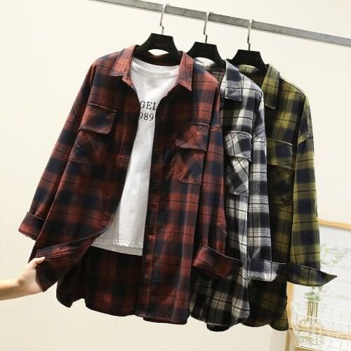 Plaid Women Shirts Fashion Ladies Shirt Party Female Loose Tops Vintage Girls Top New Fashion Brushed GEGE Shirt