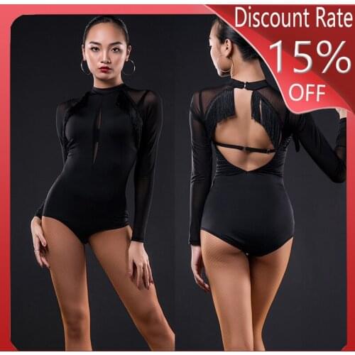 Latin Dance Costumes Adult New Dance Practice Clothes Latin Mesh Training Tassel One-Piece Shirt Latin Competition Dress DQS3357