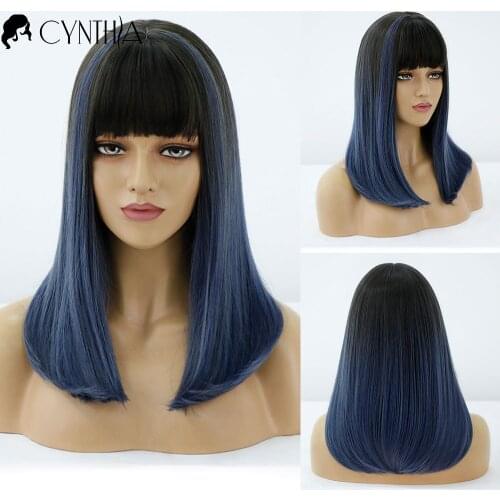 Long Blue Straight Ombre Daily Synthetic Wigs For Black White Women With Bangs Cosplay Natural Heat Resistant Fiber Hair Wig