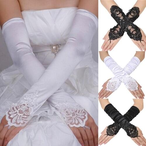 Women Gloves Fashion Black White Bridesmaid Accessories Fingerless Pearl Satin Rhinestone Lace Prom Ladies Floral Hot Outfit