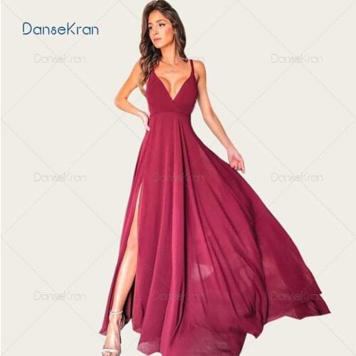 Simple V-neck Burgundy Prom Dresses Sexy Side Split Chiffon Evening Dresses For Party Floor Length A-line Maxi Gowns