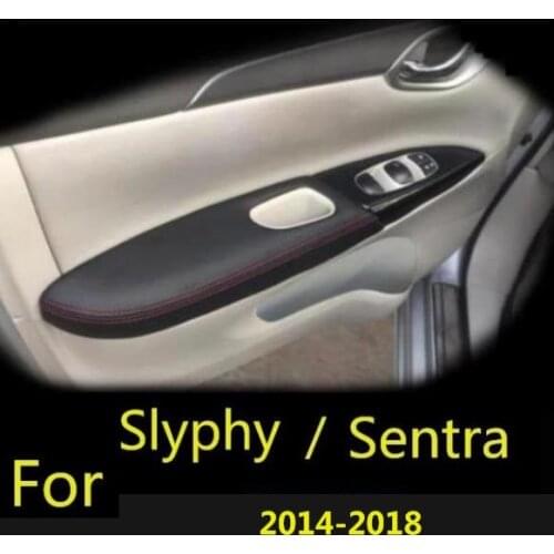 Microfiber Front / Rear Doors Panel Armrest Leather Cover Protective Trim For Nissan sylphy / Sentra 2014-2018 Car interior