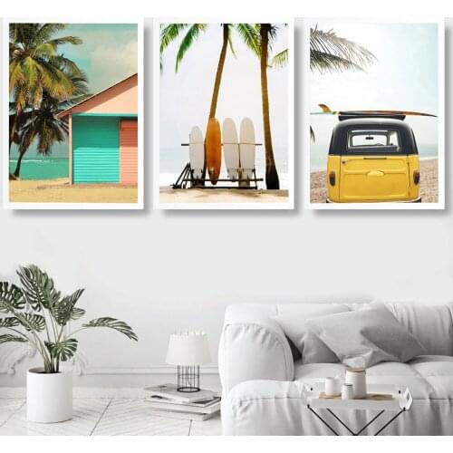 Tropical Coastal Beach Canvas Poster Nordic Style Wall Art Ocean Sea Painting Yellow Bus Picture Scandinavian Home Decor Unframe