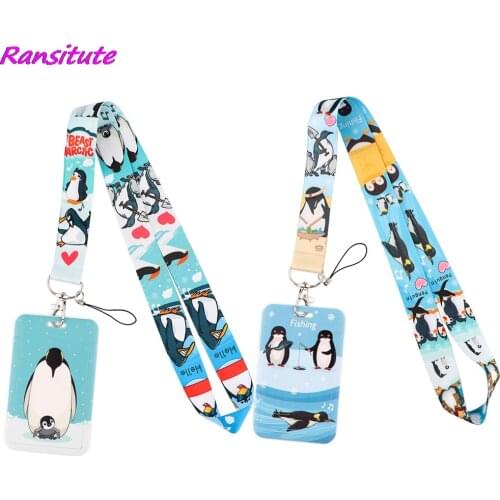 Ransitute R2196 Antarctic Penguin Lanyard Credit Card ID Holder Badge Student Women Travel Bank Bus Business Card Cover Badge