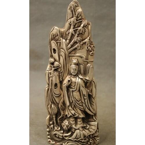 S1427 8"Folk Silver Buddhism Bamboo Kwan-Yin Quan Yin Goddess Statue Sculptur