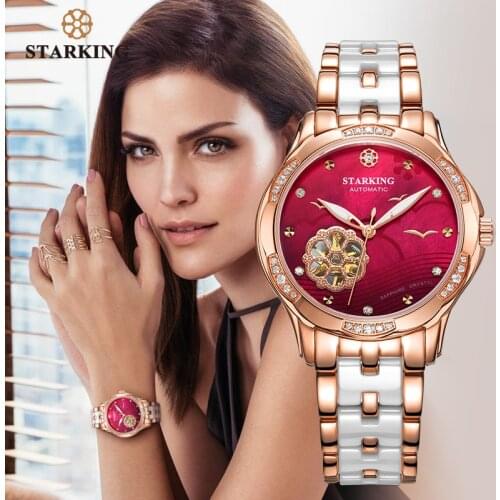 STARKING Top Brand AAA Quality Rose Gold Ceramic Watch Women Charming Skeleton Wristwatch Mechanism Ladies Gift Relogio Feminino