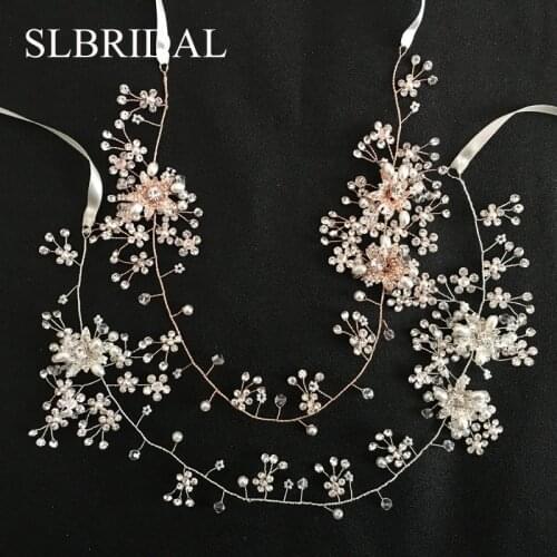 SLBRIDAL Handmade Crystal Rhinestones Pearls Flower Wedding Tiara Headband Bridal Hair Vine Hair accessories Bridesmaids Jewelry