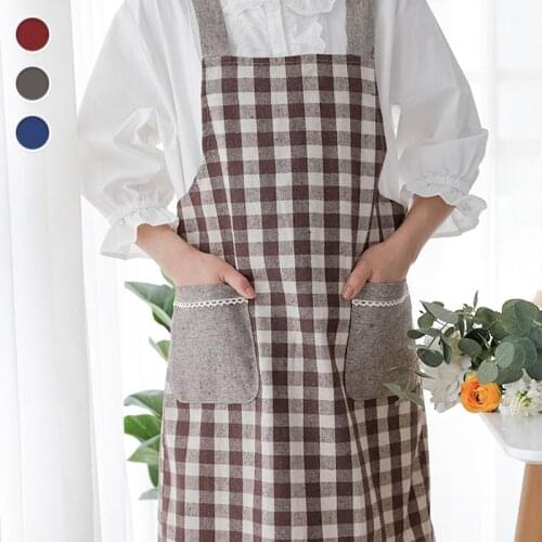 Japanese Cotton Apron Plaid Household Kitchen Waterproof and Antifouling Overalls Restaurant Waiter Overalls