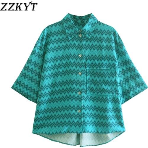 ZZKYT 2021 Women Summer Vintage Striped Pockets Blouses Fashion Lapel Collar Short Sleeves Female Shirts Blusas Casual Tops