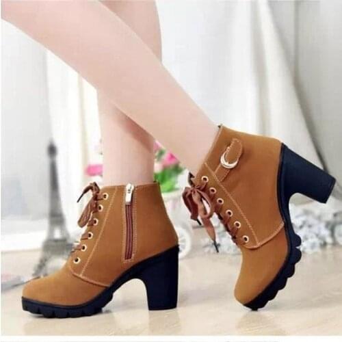 High Quality Lace-up ladies shoes woman PU leather fashion high heels boots women 2022 new autumn winter women ankle Boots