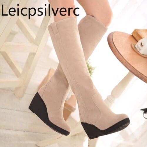 Womens Boots Autumn And Winter The New fashion Flock Round head Wedge High heel High tube Womens shoes plus size 34-43