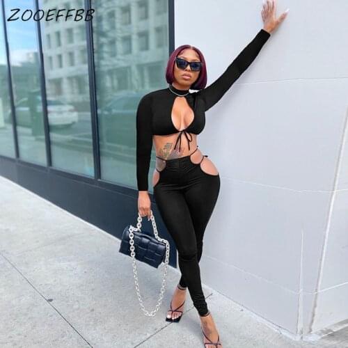 ZOOEFFBB Sexy Bandage Two Piece Outfits for Women Cut Out Clothes Long Sleeve Crop Top Sports Pants Lounge Wear Matching Sets