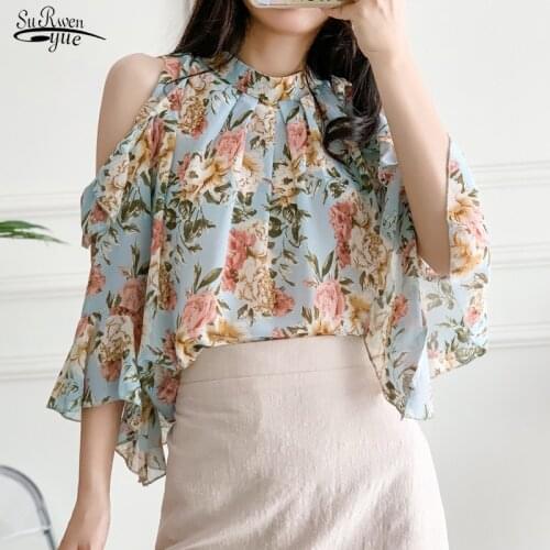 Pullover Floral Loose Chiffon Blouse Women New Summer Off-Shoulder Shirt Women Short Sleeve Clothing Blusas Mujer De Moda 14370