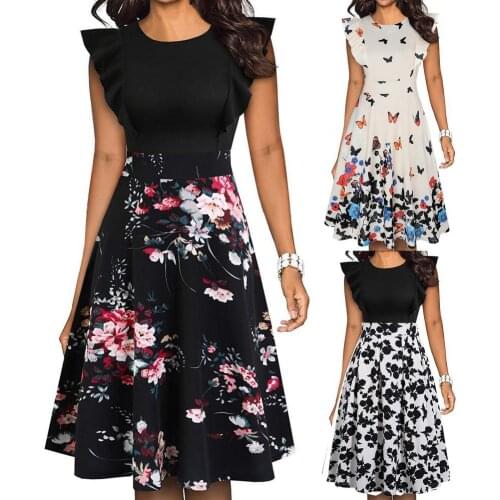 2021 New Fashion Simple Floral Print Flowy Hem Tunic Dress Women Flared Sleeve O Neck A-Line Midi Dress Workwear for Daily