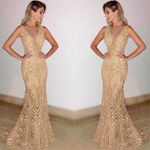 Women Sexy Party Dress New Sleeveless Deep V-neck Sequins Sexy Slim Fashion 2 Color Plus Size Lugentolo