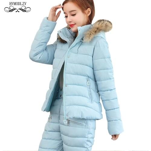 Winter Cotton Jacket Suit Two-piece Set 2019 New Detachable Hat With Fur Collar Coat Long Pants Fashion Suit Two-piece Set HJ203