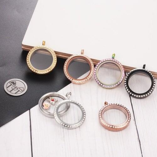 1PC 30MM Stainless Steel Rhinestone Round Glass Floating Locket Memory Photo Living Locket Jewelry Fit Necklace Chain