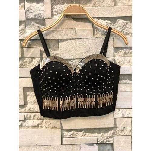 2019 Silver Tube Nail Beads Fashion Nightclub Dance Performance Wrapped Steel Vest Women Sexy Bustier Crop Tops H786