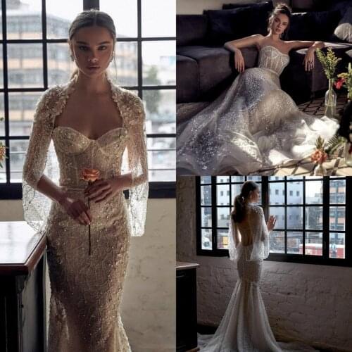 2020 Sparkle Mermaid Wedding Dresses with Wrap Sweetheart Pearls Beaded Bridal Gowns Lace Corset Wedding Dress