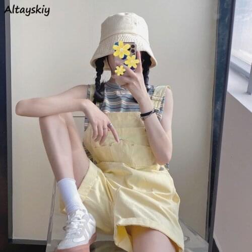Playsuits Women Girls Solid Rompers Fashion Students Summer Casual Lovey Ulzzang All-match Colorful Loose Streetwear Clothing