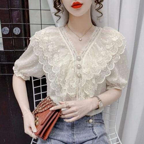 Lace Solid Women Blouse Summer New Sweet Style 2021 V-Neck Ruffles Elegant Office Lady Pulls Outwear Tops