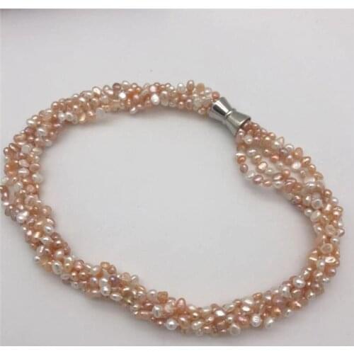 New Fashionable Natural freshwater pearl 5-6 mm irregular shaped baroque white pink purple necklace magnetic clasp 18" 5strand