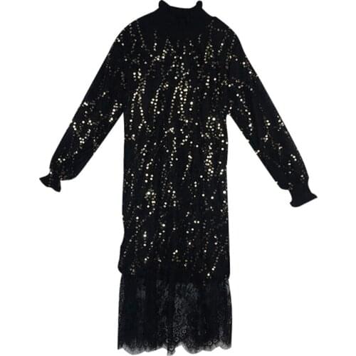 PERHAPS U Autumn Winter Stand Collar Black Pink White Sequined Tassel Stitching Lace Long Sleeve Knee Length Dress D0897