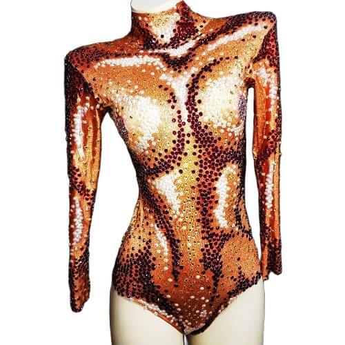 Luxury Glisten Rhinestones Pearls Women Bodysuit Brown Skinny Stretch Jumpsuits Pole Dancing Rompers Nightclub Stage Costumes