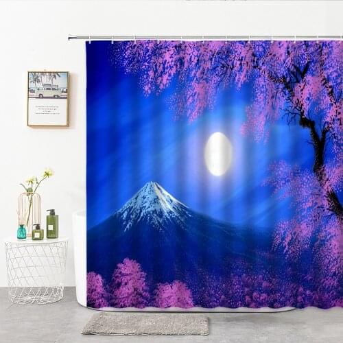 Hand Painted Natural Landscape Shower Curtain Mount Fuji Under The Moonlight Landscape Blue Background Pink Cherry Tree Printing