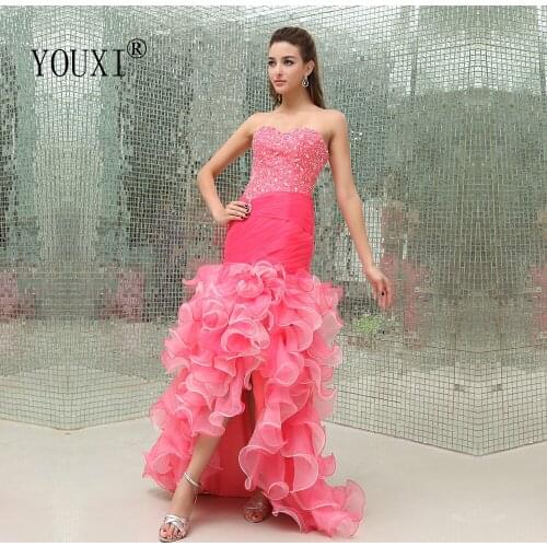 Sexy Sweetheart High Low Prom Dress 2020 New Organza Beaded Crystal Tiered Fuchsai Vestidos de Fiesta Largos elegantes de gala