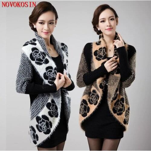 Back Long Knitted Printed Shawl Open Stitch Jacquard Sweater 2018 Fashion Women Soft Faux Fur Turn Down Collar Thick Cardigans