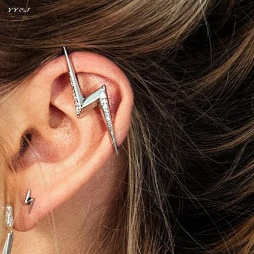 Rhinestone lightning bolt ear cuff earrings without piercing no hole glitter bling unique cool ear clip y2k jewelry 2021