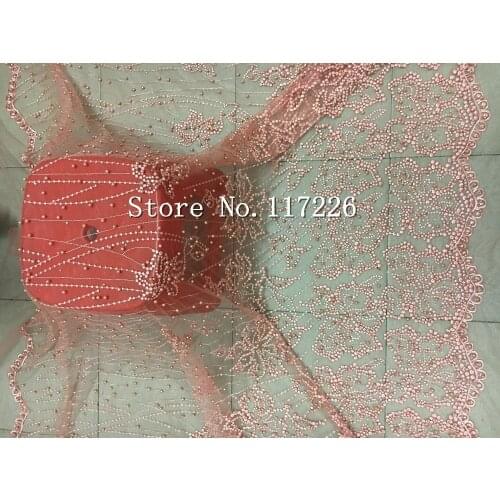 Top quality nice flower embroidered lace fabric with beads French net lace