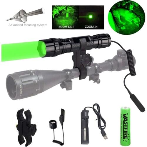Green Hunting Flashlight T6 LED Light Torch +Rifle Mount +Remote Pressure Switch+1*18650 Battery+USB Charger