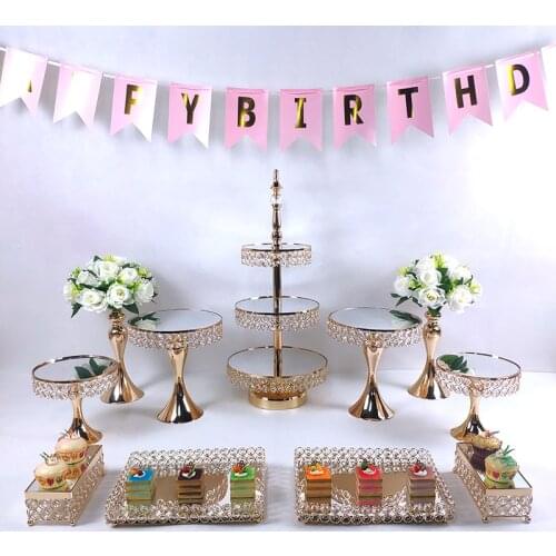 Mirror Crystal beads cake stand set gold plated surface dessert stand wedding party table decoration baking tool