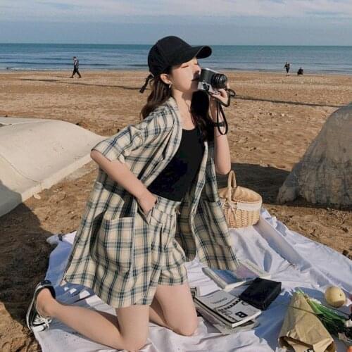 2021 Summer New Women Suits Plaid Suit Suits Temperament Fried Street Korean Large Size Short Sleeve Suit Shorts Three-piece Set