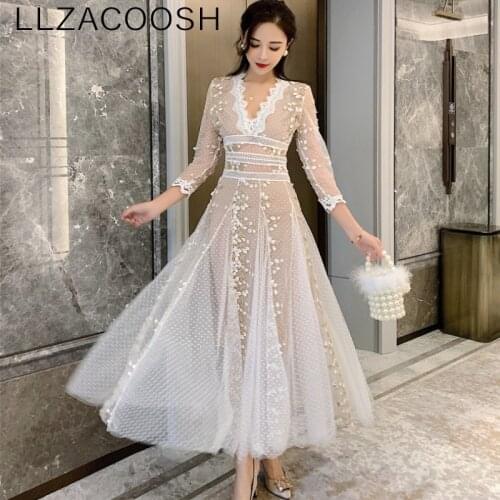 High Quality 2020 Runway Designer Spring Sexy V-neck Three Quarter Sleeve Mesh Embroidery Elegant Slim Draped Party Long Dress