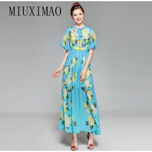Europe Fashion 2018 Spring Latest Elegant O-Neck Short Flare Sleeve Chiffon Floral Print A-Line Ankle-Length Long Dress Women