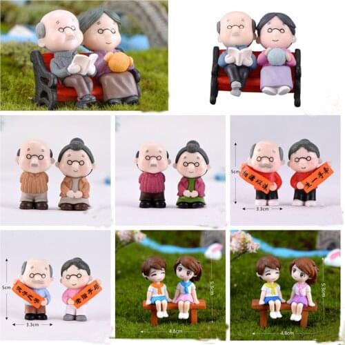 2/3Pc Cute Grandma Grandpa Sweety Lovers Couple On Chair Figurines Miniature Moss Terrarium Figurines Fairy Garden Accessories