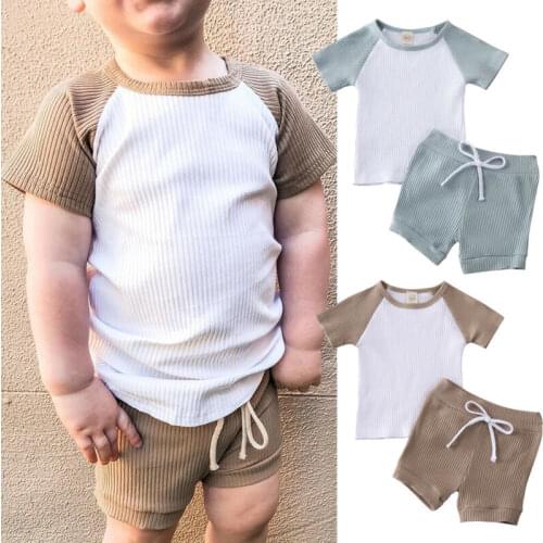 2020 Baby Summer Clothing 2PCS Toddler Kids Baby Boys Girls Short Sleeve Shirt Shorts Pants Clothes Ribbed Patchwork Outfit