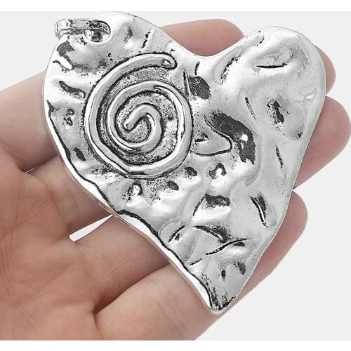 4PCS Tibetan Large Hammered Love Heart Charms Carved Spiral Swirl Pendants for Findings Jewelry Making 70x68mm