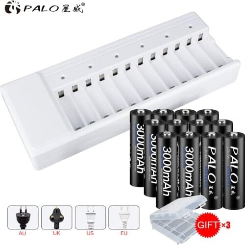 Palo 12pcs AA 1.2V 3000mah rechargeable battery for camera toy mp3 flash light+12 slots 1.2v AA AAA battery batteries charger