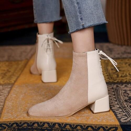 2021Women Faux Leather Square High Heel Ankle Boots Fashion Zipper Autumn Winter Boots Comfort Pointed Toe Shoes Woman Black