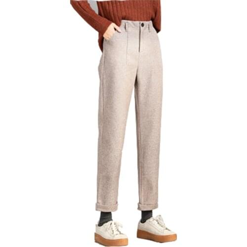 Beige Woolen Trousers Women Autumn Winter 2020 New Ankle-length Straight Herringbone High Waist Harem Pants Female Plus Size