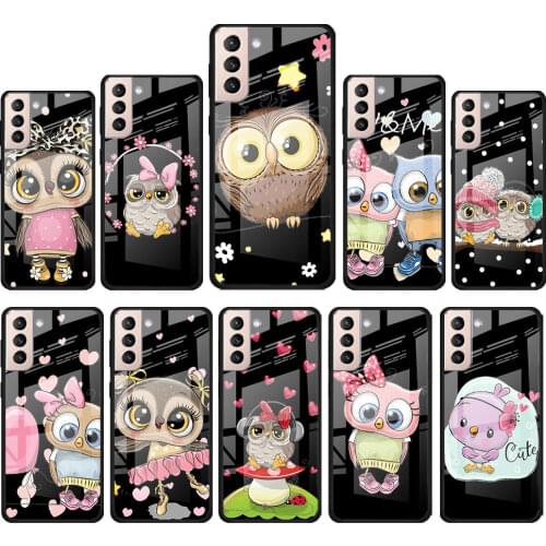 Lovely Animal Owl for Samsung Galaxy S21 Ultra Plus A72 A52 4G 5G M51 M31 M21 Luxury Tempered Glass Phone Case Cover