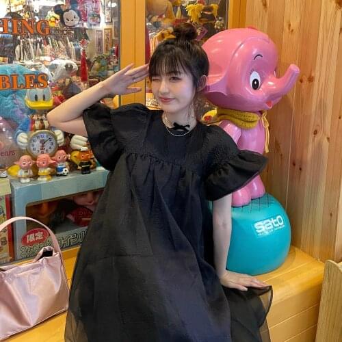 French Summer Fairy Dress Girls Sweet Vintage Solid Short Sleeve Black Dresses Women Korean Mesh Party Vestidos Japanese Dresses