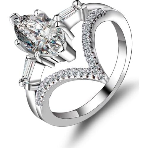 Hot Unique Luxury Water Drop Shape White Crystal Rings for Women Silver Color V Shape Double Stacking Knuckle Ring Wedding Rings