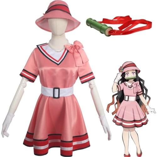 Anime Demon Slayer Kamado Nezuko Cosplay Costumes Pink Dress Accessories Full Sets Women Girls Role Play Costume Halloween Party